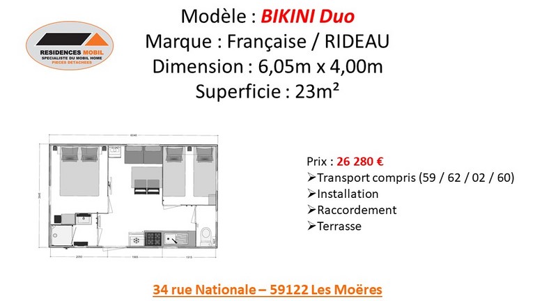 Tarif mobil home BIKINI Duo 2021