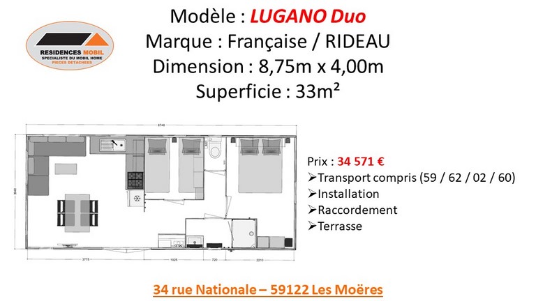 Affiche de prix du mobil home LUGANO DUO 2021, en 8.75m x 4.00m Tarif du LUGANO DUO 2021