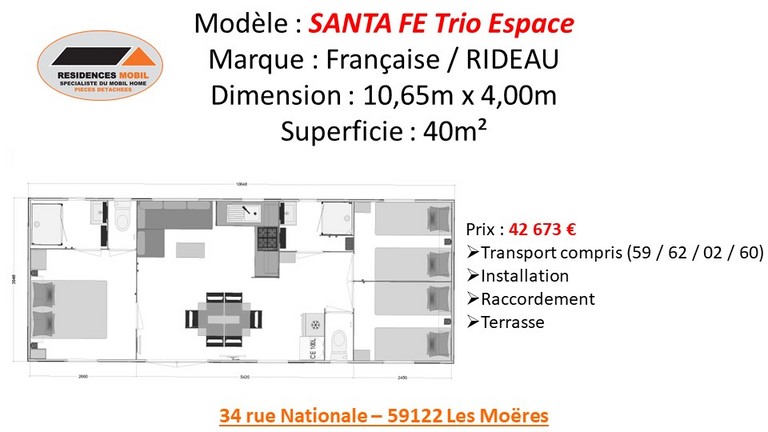 Mobil home de marque RIDEAU, en trois chambres et deux salles de bain SANTA FE TRIO 2021 Tarif SANTA FE TRIO ESPACE 2021