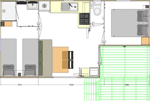 Mobil home de marque française deux chambres : BERGAME 76.2 TI Plan BERGAME 76.2 TI